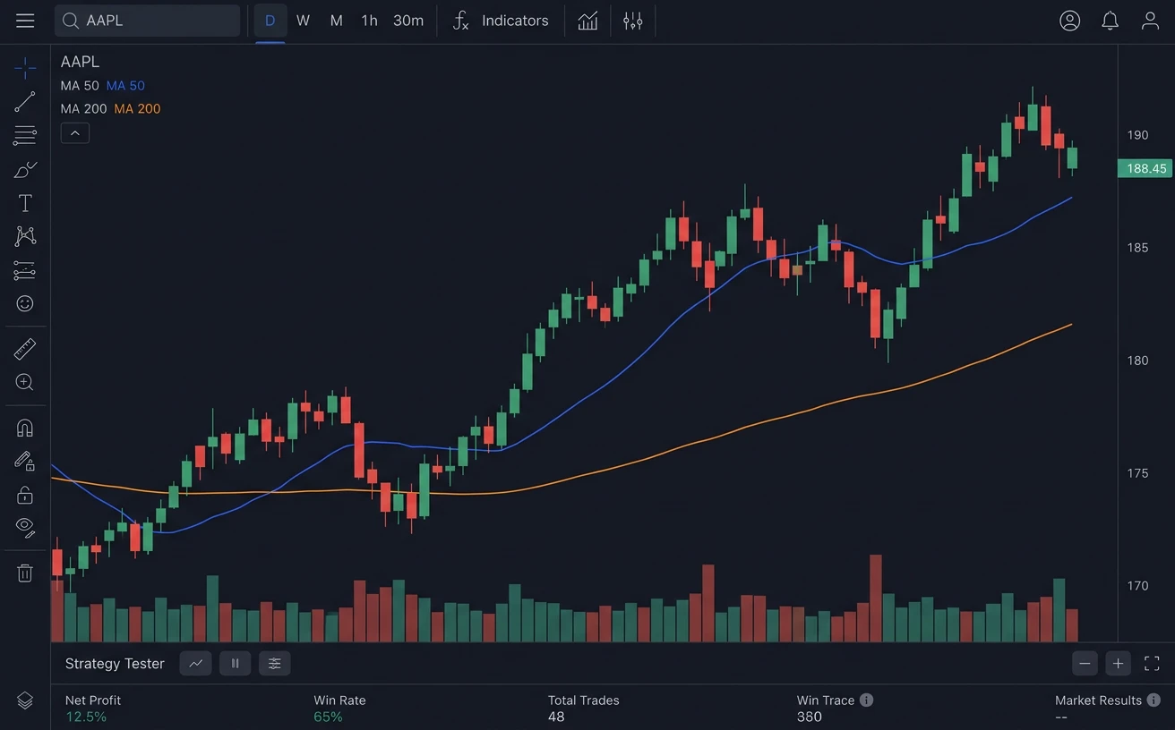 A TradingView chart of AAPL with moving averages and a strategy tester