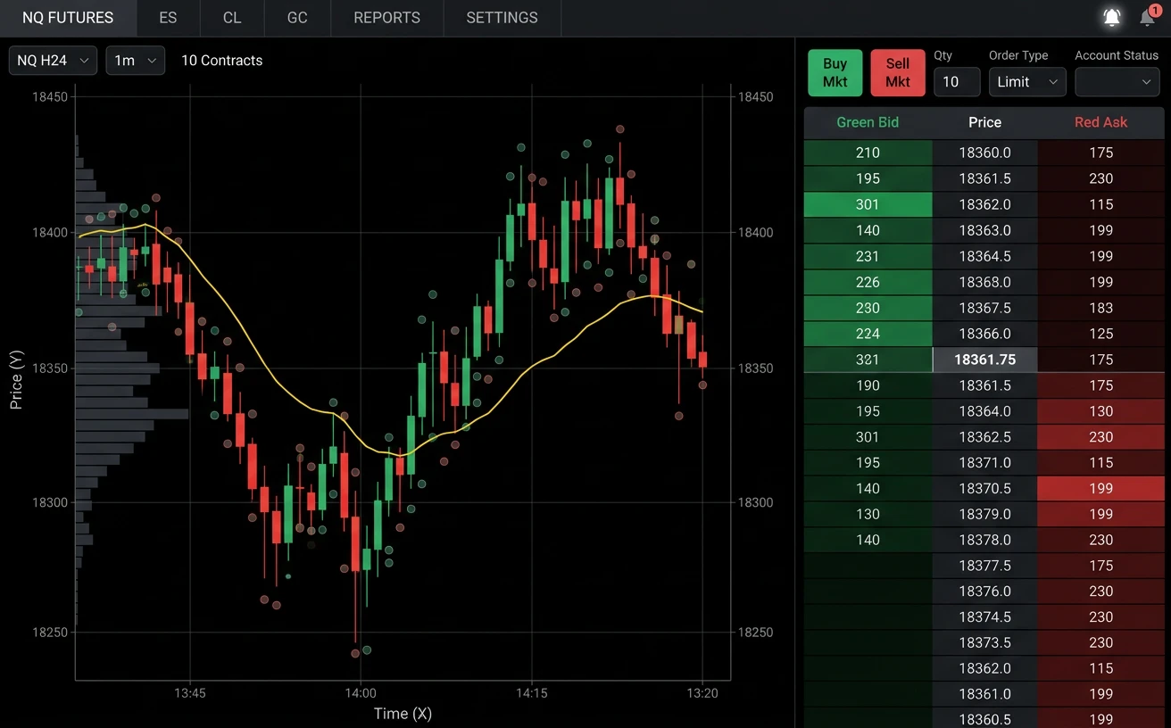 A charting platform with a futures chart and an order ladder